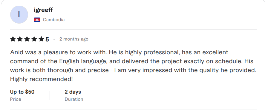 Fiverr review screenshot from igreeff about text annotation work