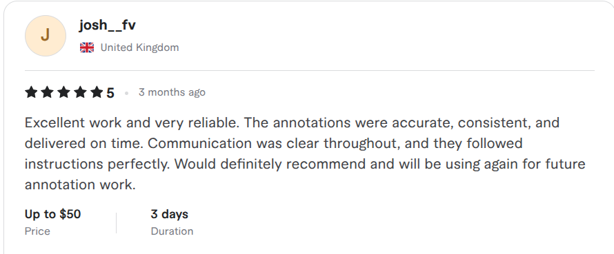 Fiverr review screenshot from josh__fv about autonomous vehicle tracking work