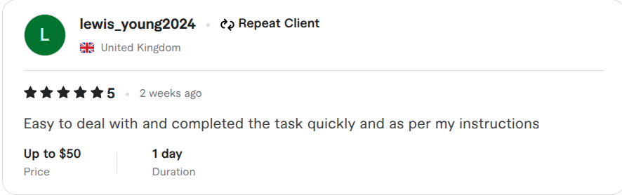 Fiverr review screenshot from lewis_young2024 about keypoint annotation work